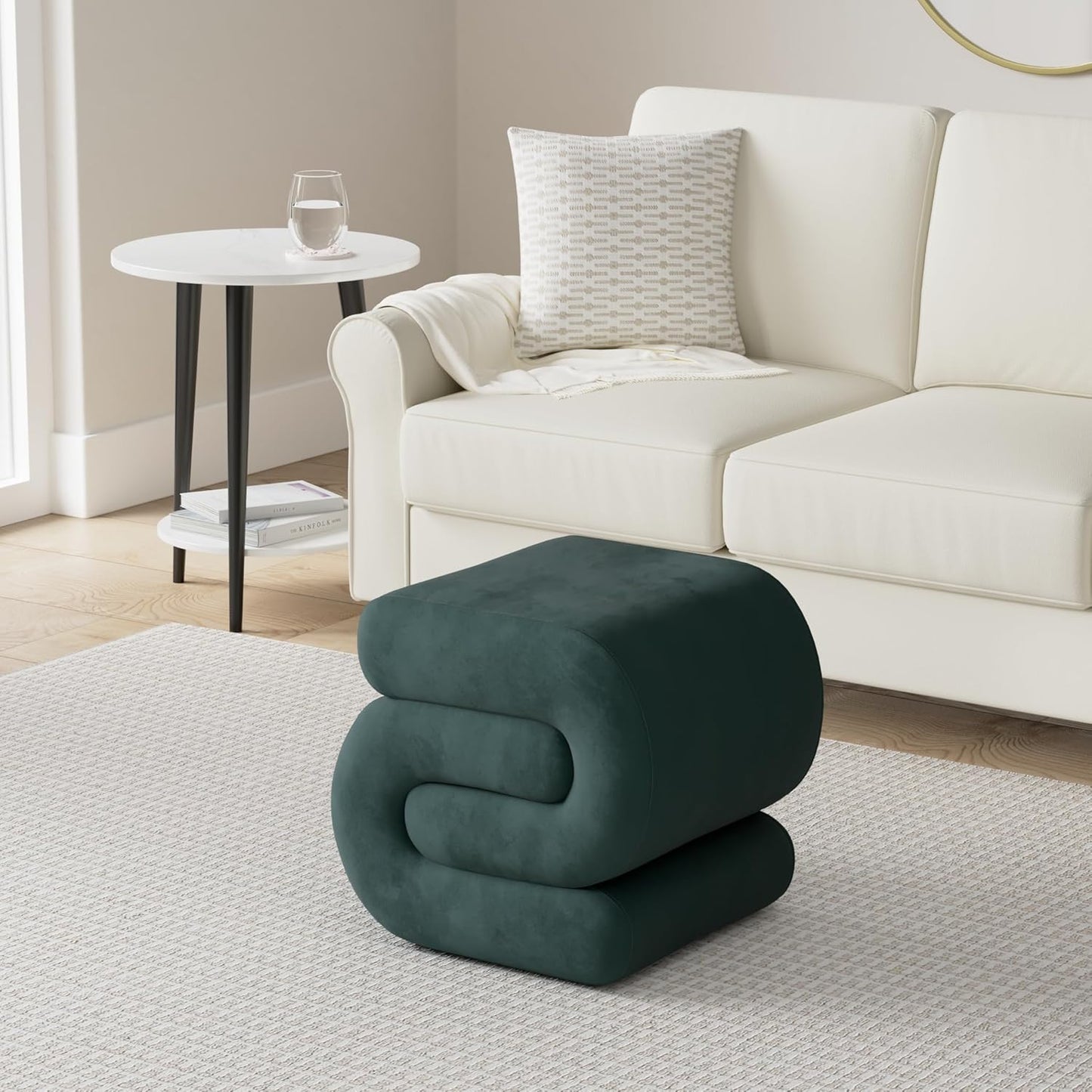 S-Shape Dark Green Velvet Upholstered Ottoman